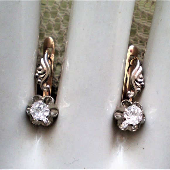 Russian USSR Soviet 14K 585 Rose Pink White Gold 0.50CT CZ Buttercup EAR… - Picture 1 of 8